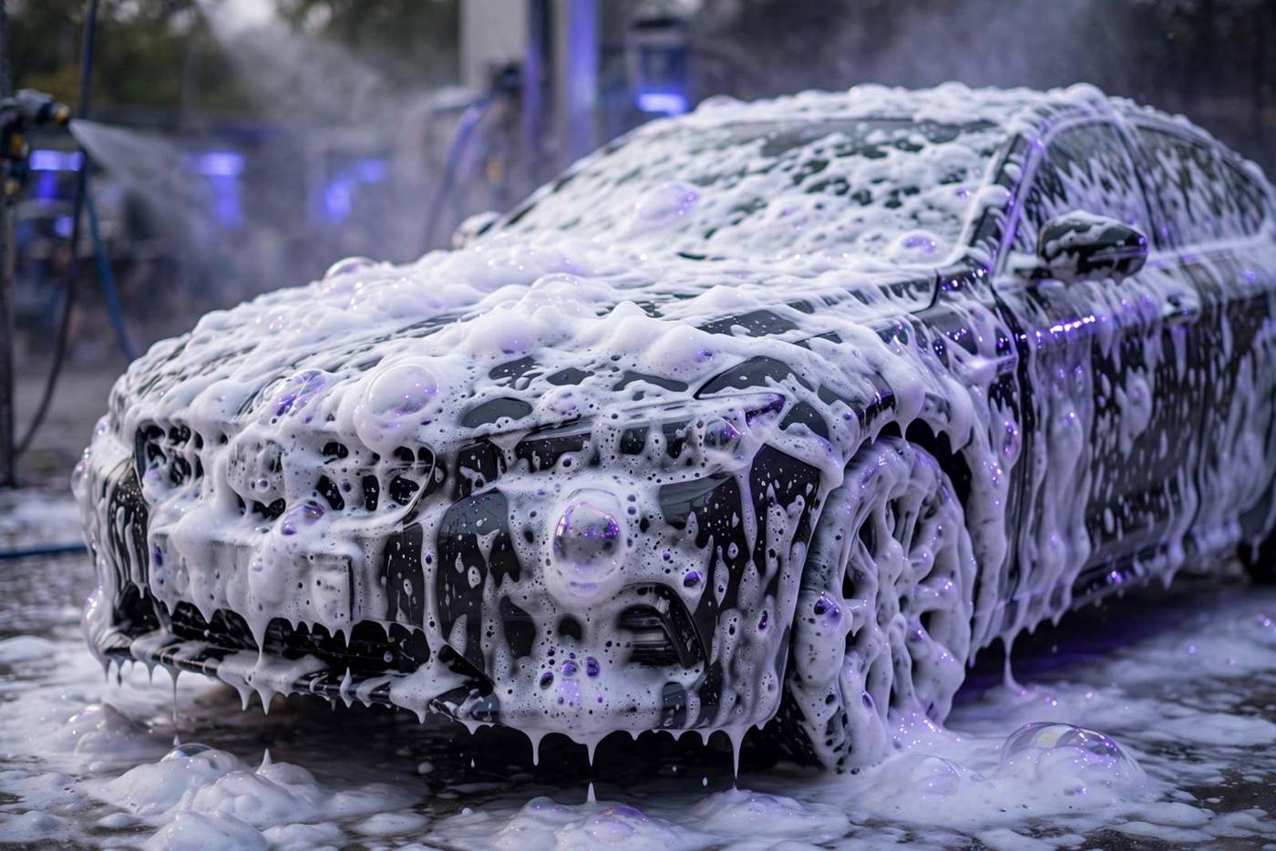 Car covered in thick white wash foam during a mobile detail